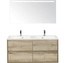 Badmöbel-Set Sanox Porto Mineralguss 170x120x50 cm mit Doppel-Mineralgusswaschbecken 4 Schubladen Eiche natur mit LED-Beleuchtung