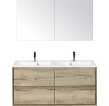 Badmöbel-Set Sanox Porto Mineralguss 170x120x50 cm mit Doppel-Mineralgusswaschbecken 4 Schubladen Eiche natur mit Spiegelschrank