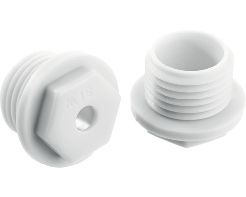 Zwei weiße Verschlussstopfen mit Gewinde