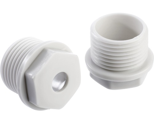 Zwei weiße Rohrstopfen aus Kunststoff