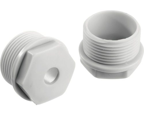 Zwei Kunststoff-Verschlussstopfen mit Gewinde und Öffnung