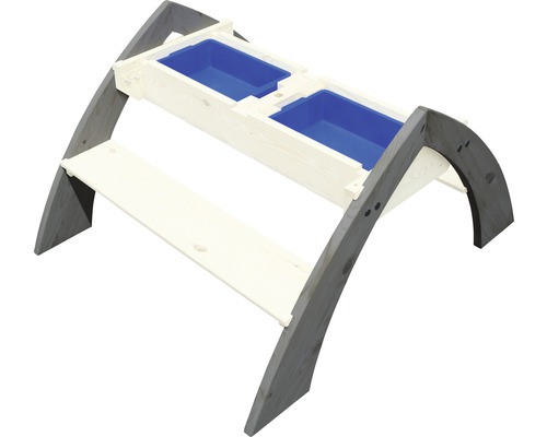 Kinderspieltisch aus Holz mit zwei blauen Wannen