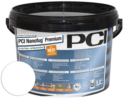 PCI Nanofug® Premium Variabler Flexfugenmörtel für alle Fliesen und Natursteine weiß 5 kg PCI Nanofug Premium flexibler Fugenmörtel für Fliesen und Natursteine in einem Eimer