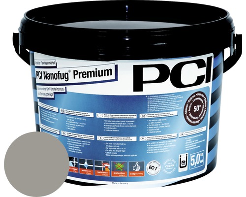 PCI Nanofug® Premium Variabler Flexfugenmörtel für alle Fliesen und Natursteine sandgrau 5 kg PCI Nanofug Premium flexible grout mortar in a black bucket
