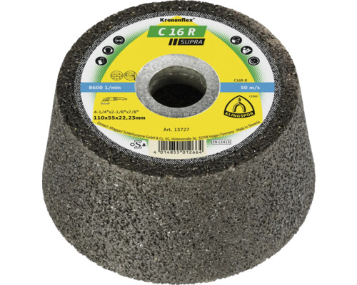 Schleiftopf Klingspor C 16 R Supra Ø 110x22,23 mm Kronenflex Kegelschleifscheibe C 16 R Supra mit den Maßen 110x55x22,23 Millimeter