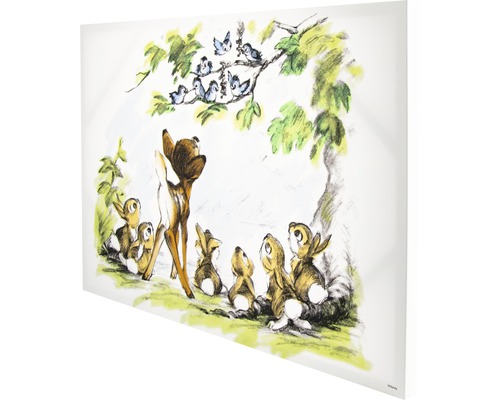 Wandbild mit Bambi-Motiv, das Bambi und weitere Rehe zeigt, die zu einer Gruppe Vögel auf einem Baum aufblicken