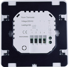 Raumthermostat Rückseite mit CE Kennzeichen und Anschlussdetails