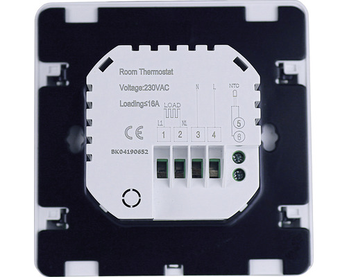 Raumthermostat Rückseite mit CE Kennzeichen und Anschlussdetails