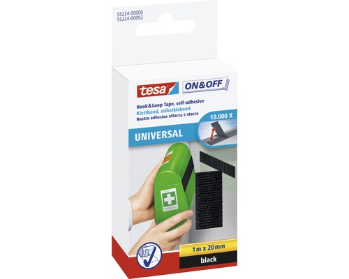 Tesa On & Off Klettband zum Aufkleben schwarz 20 mm x 1 m Tesa Klettband selbstklebend, 1 Meter mal 20 Millimeter, schwarz, Verpackung