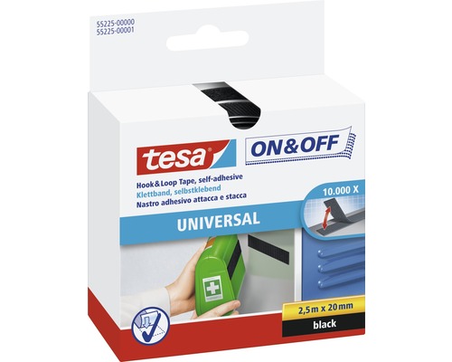 Tesa On & Off Klettband zum Aufkleben schwarz 20 mm x 2,5 m Tesa Klettband Universal, 2,5 m x 20 mm, selbstklebend