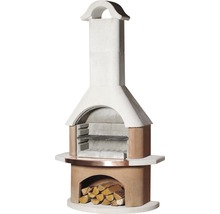 Grillkamin aus Stein mit Holzfach zur Aufbewahrung von Brennholz