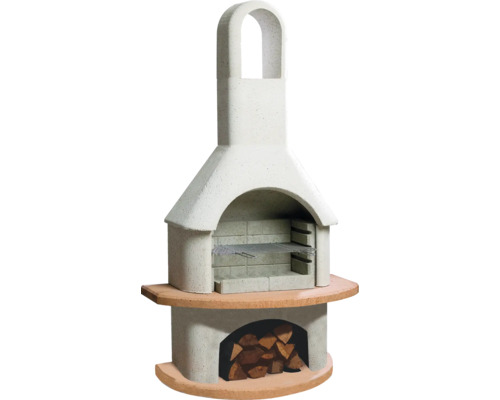 Gartengrillkamin aus Stein mit Grillrost und Holzfach