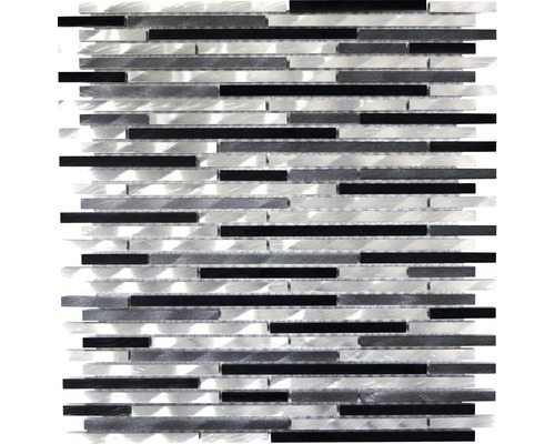 Aluminiummosaik XAM A881 29,8x31,8 cm grau schwarz silber Mosaikfliese mit länglichen, dunklen und silberfarbenen Elementen