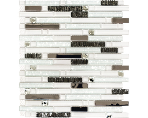 Glasmosaik mit Metall XCM GV 898 29,8x33,8 cm weiß silber Mosaikfliese mit Glas- und Metallelementen