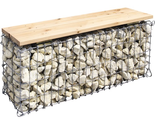 Gabionenbank mit Holzauflage und Steinfüllung