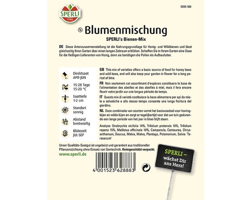 Sperli Blumenmischung Bienen-Mix Samenpackung mit Informationen zu Aussaat, Standort und Blütezeit