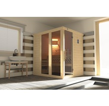 Sauna aus Holz mit Glastür und Waschbecken im Badezimmer