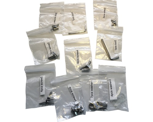 Sortiment von Schrauben, Unterlegscheiben und Werkzeugen in transparenten Beuteln.
