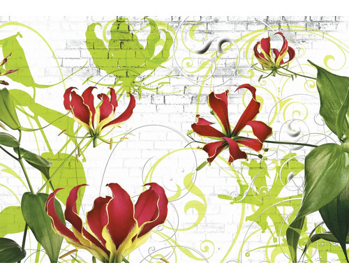 Wandbild mit Darstellung von roten Blüten vor einer weißen Ziegelwand