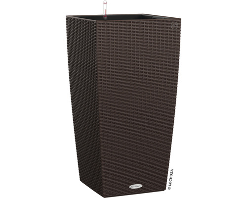 Hoher, quadratischer Pflanzkübel in Rattanoptik mit Wasserstandsanzeiger