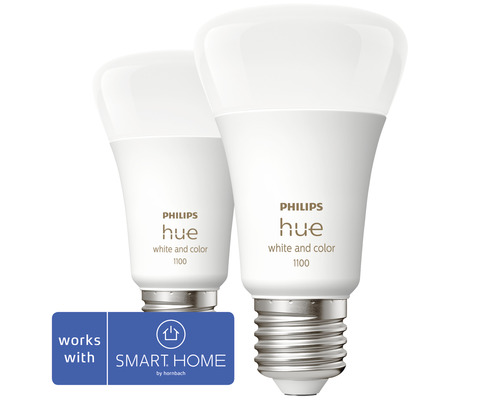 Zwei Philips Hue White and Color 1100 Glühbirnen mit Smart Home by Hornbach Zeichen