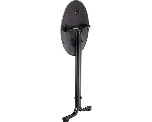 Zusammengeklappter Stehtisch mit rundem Tischblatt und Metallgestell