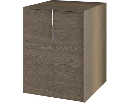 Holzfarbener Unterschrank mit zwei Türen für den Sanitärbereich