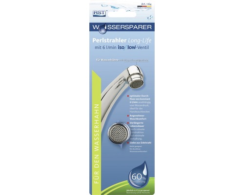 Wassersparer Perlstrahler Long-Life mit sechs Liter pro Minute Iso Low-Ventil für Wasserhahn