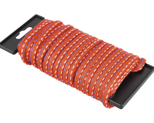 Seil Paraloc Mamutec Polypropylen rot/blau Ø 6 mm, 10 m Orangefarbenes Seil mit Muster auf Halterung