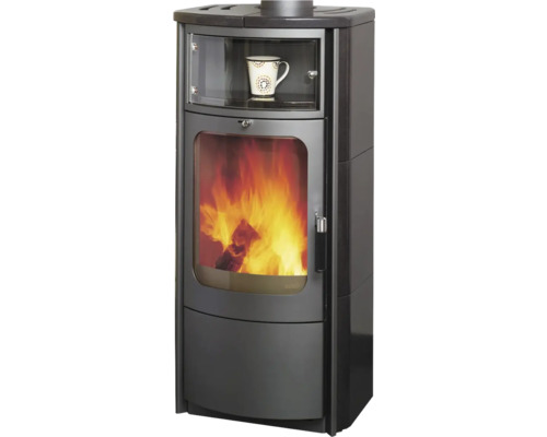 Kaminofen Hark Opera-B Keramik meteor-schwarz 7 kW mit Wärmefach Kaminofen mit Holzfeuer und Tasse im Wärmefach