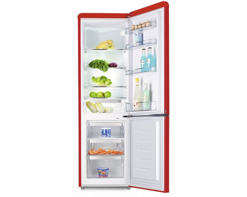 Offener roter Kühlschrank gefüllt mit Lebensmitteln