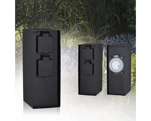 Drei Gartensteckdosen zur Stromversorgung im Außenbereich