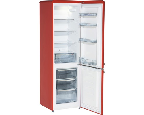 Geöffneter roter Kühlschrank mit Regalen und Schubladen