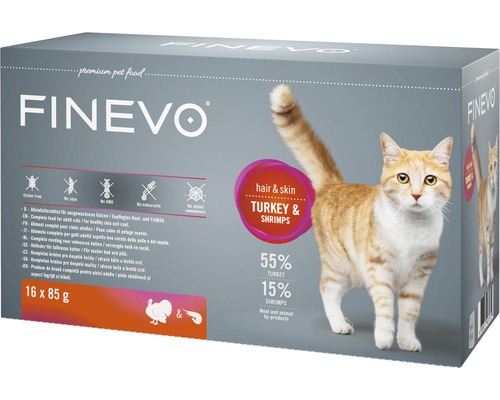 Katzenfutter nass FINEVO Hair&Skin Truthahn mit Shrimps 16x85 g Finevo Katzenfutter Truthahn und Shrimps, 16 mal 85 Gramm