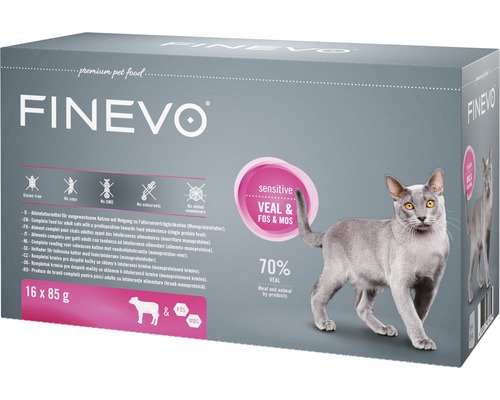 Katzenfutter nass FINEVO Sensitive Cat Kalb mit Fos&Mos 16x85 g Finevo Katzenfutter sensitive mit Kalb und FOS und MOS in einer 16 mal 85 Gramm Packung