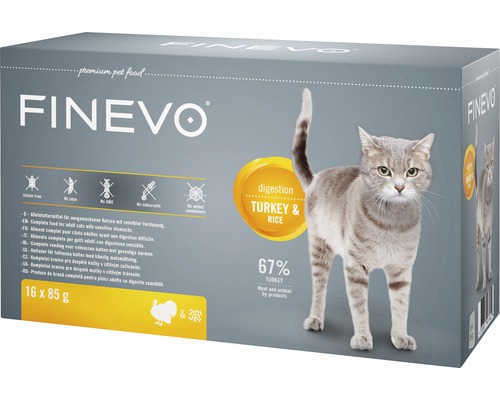 Katzenfutter nass FINEVO Digestion Pute und Reis 16x85 g Finevo Katzenfutter mit Truthahn und Reis, 16 mal 85 Gramm Packung