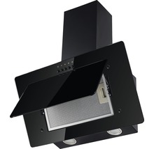 Schwarze Dunstabzugshaube mit geöffneter Frontklappe und Metallfilter