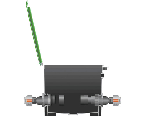 Anschlusskasten mit geöffnetem Deckel und Kabelverschraubungen.