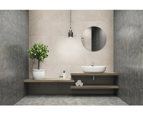 Kunststoffpaneel GX Wall+ Cream Slate 5x450x900 mm Helles Badezimmer mit Waschbecken, Spiegel und Pflanze