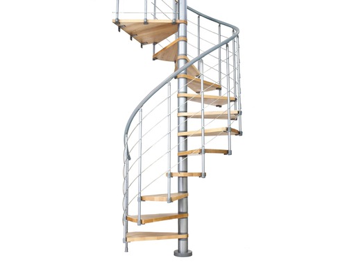 Wendeltreppe mit Holzstufen und Metallgeländer