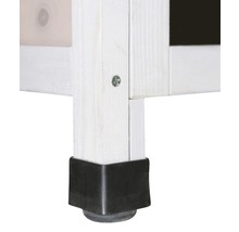 Detailaufnahme eines Möbelstücks mit einem Holzbein und einem schwarzen Eckschutz