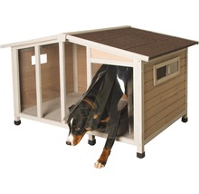 Hundehütte aus Holz mit Hundehaustür und Fenster