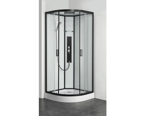 Komplette Duschkabine mit schwarzem Rahmen und integrierter Duscharmatur