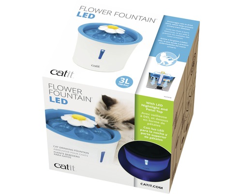 Catit Katzenbrunnen mit LED-Nachtlicht und Blütenblattaufsatz in der Verpackung