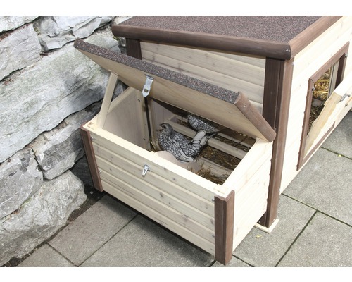 Hühnerstall mit Nistkasten und Hühnern