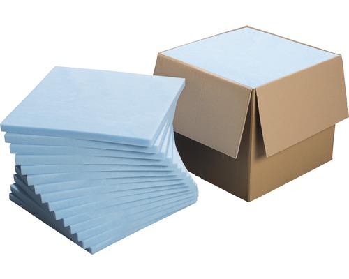 Profipack Schaumstoffplatte Isopur 50x50x3 cm 15 Stk. Stapel blaue Dämmplatten neben einem offenen Karton