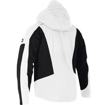 Rückansicht einer Jacke mit Kapuze und einem Muster in Schwarz und Weiß