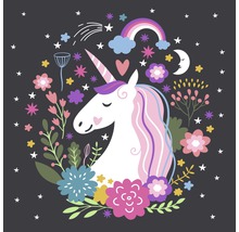 Illustration eines Einhorns mit Blumen, Mond, Regenbogen und Sternen