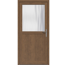 Holztür mit Glaseinsatz und silberfarbenem Türgriff