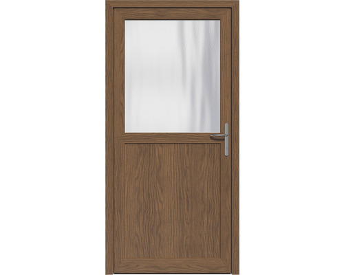 Holztür mit Glaseinsatz und silberfarbenem Türgriff